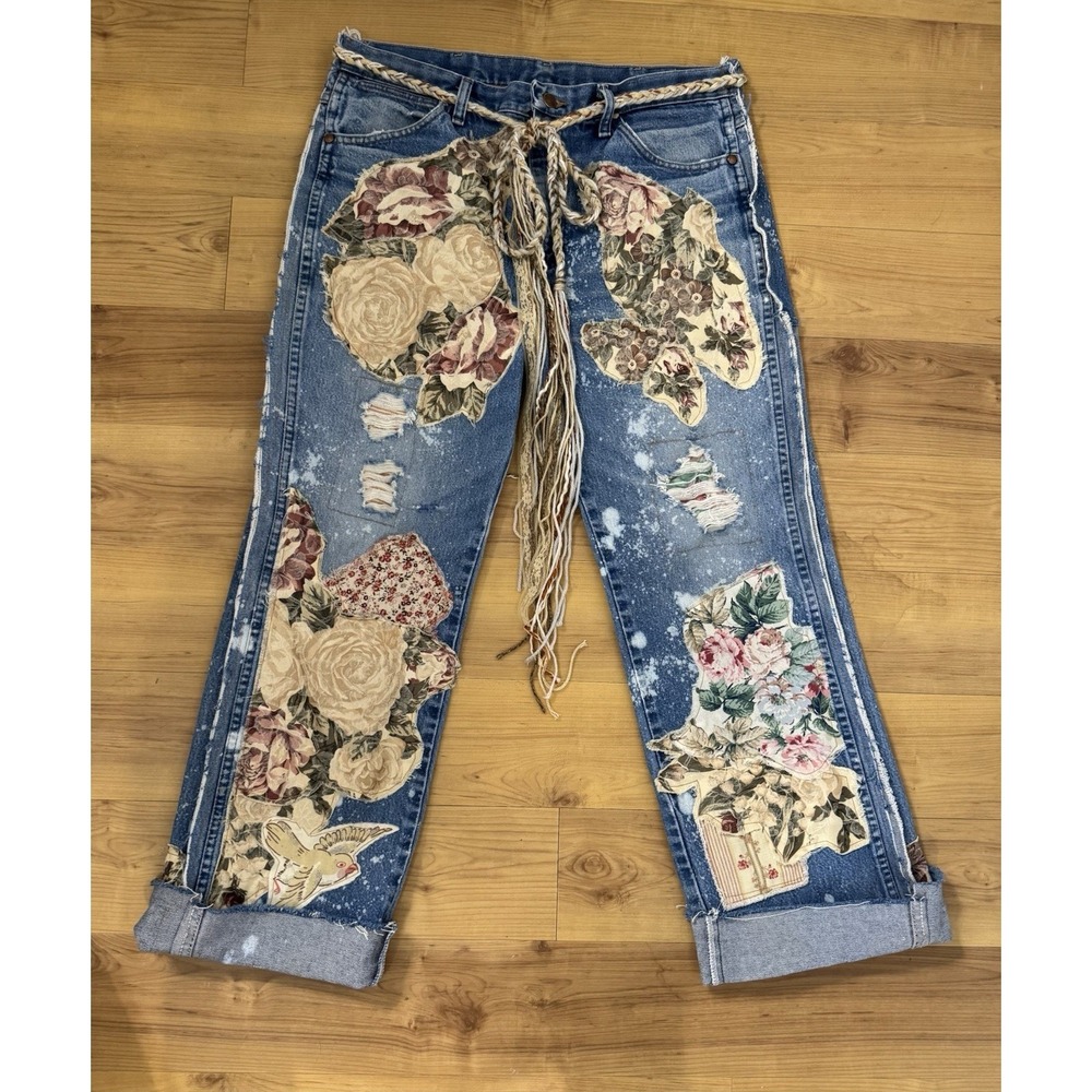 OOAK Upcycled Wrangler Jeans Whimsigoth Boho Lagenlook Reworked Denim Distressed - Picture 11 of 16